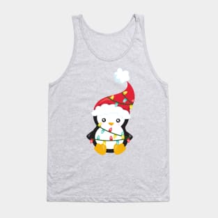 Christmas Penguin, Santa Hat, Christmas Lights Tank Top